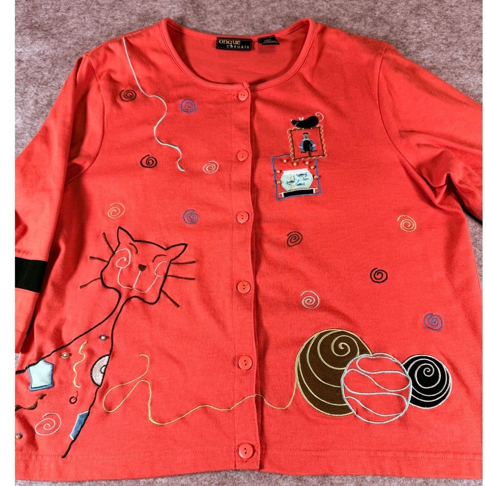 Onque Casuals Womens L Coral Embroidered Cat Yarn Novelty Button Front Cardigan